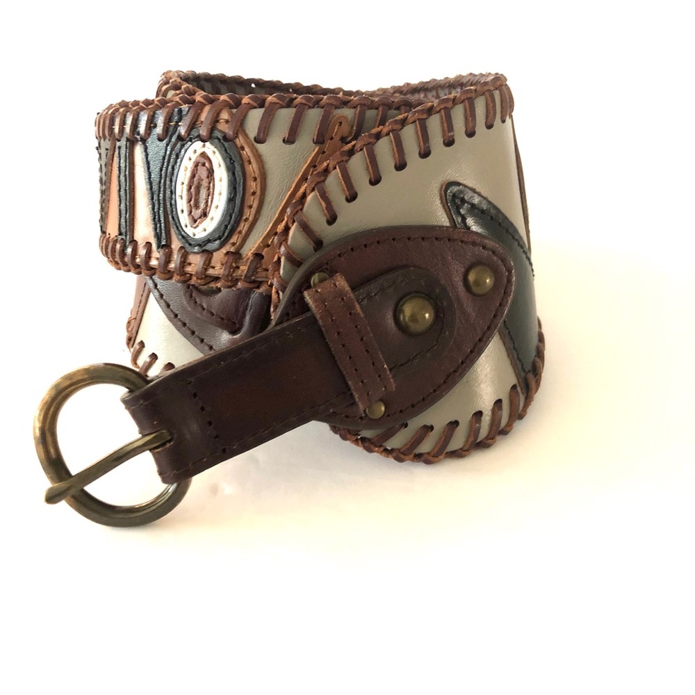 Brown Black Tan Stitched Trim Boho Leather Belt